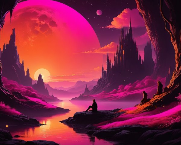 Alien Landscape with Sunset, Mountains, and Castle