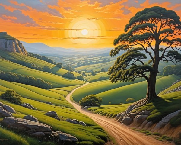 Serene Landscape with Rolling Hills and Sunset Sky