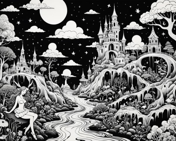 Whimsical Black-and-White Fantasy Landscape Description