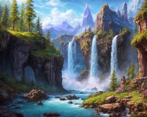 Majestic Mountain Landscape with Waterfalls and River