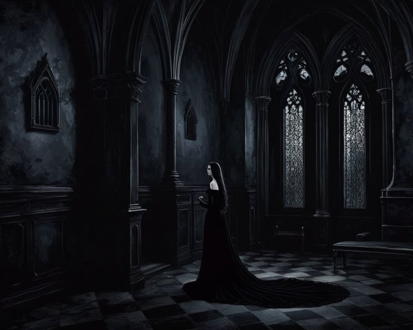 Gothic Chamber with Figure in Black Gown and Shadows