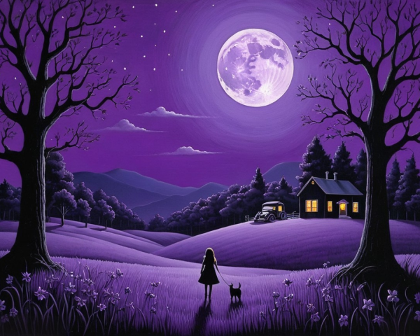 Serene Night Scene with Moon, Cottage, and Stars