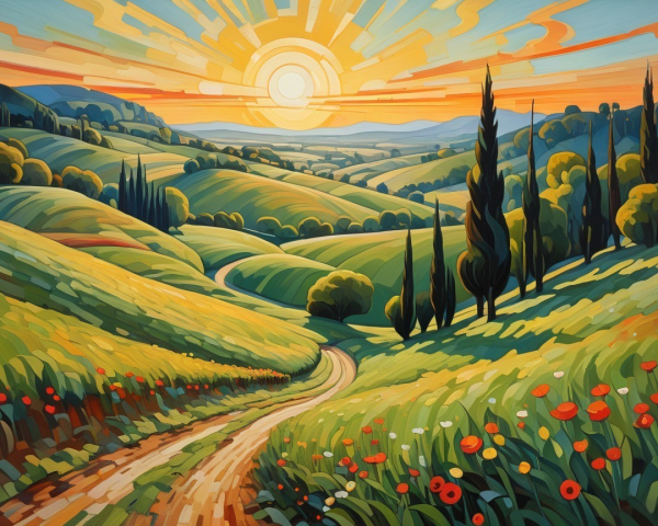 Vibrant Landscape of Rolling Hills and Wildflowers