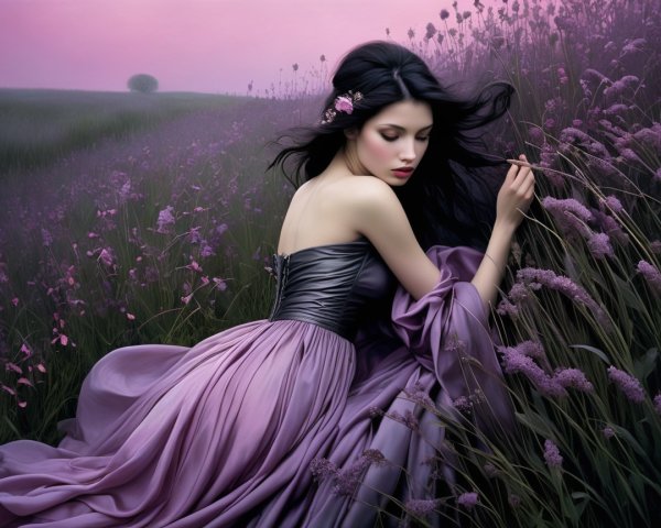 Young Woman in Purple Gown Surrounded by Lavender Field
