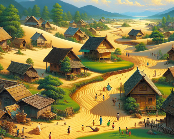 Rural Scene with Houses, Hills, and Community Life