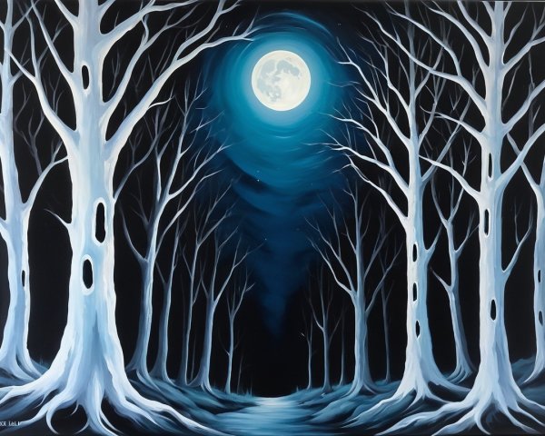 Serene Night Scene of Leafless Trees and Moonlight