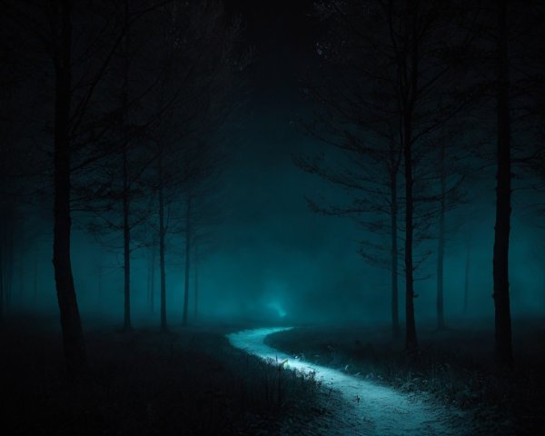 Winding Path in a Misty, Dark Forest with Blue Glow