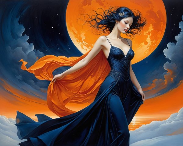 Woman in Dark Gown Before Orange Full Moon