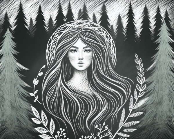 Serene Woman in Mystical Forest with Botanical Elements