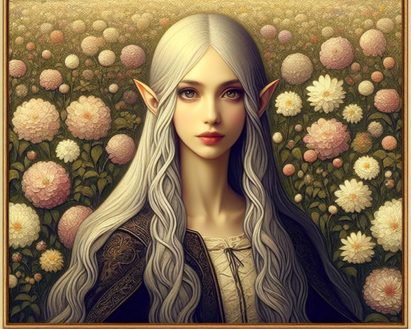 Elven Portrait with Silver Hair and Floral Background