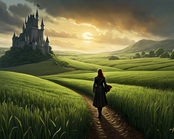 Lone Figure Walking Toward Castle at Sunset