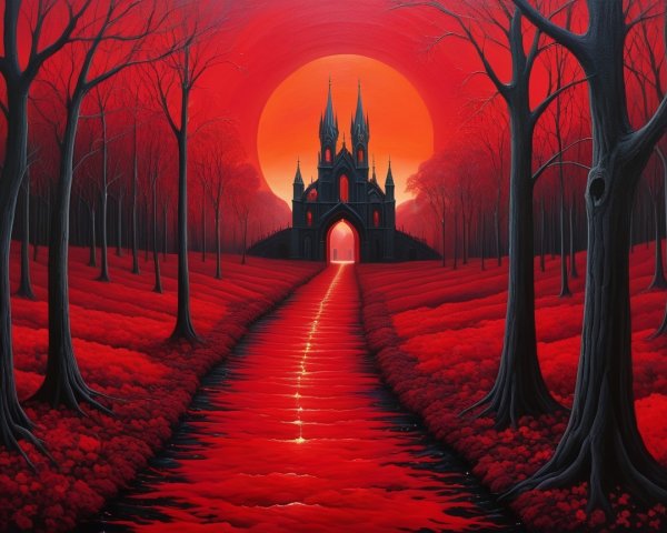 Fantastical Landscape with Castle and Red Sun