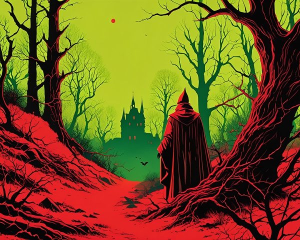 Cloaked Figure on Red Path in Eerie Landscape