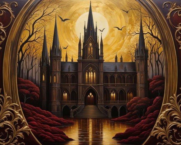 Gothic castle under moonlight with eerie landscape details