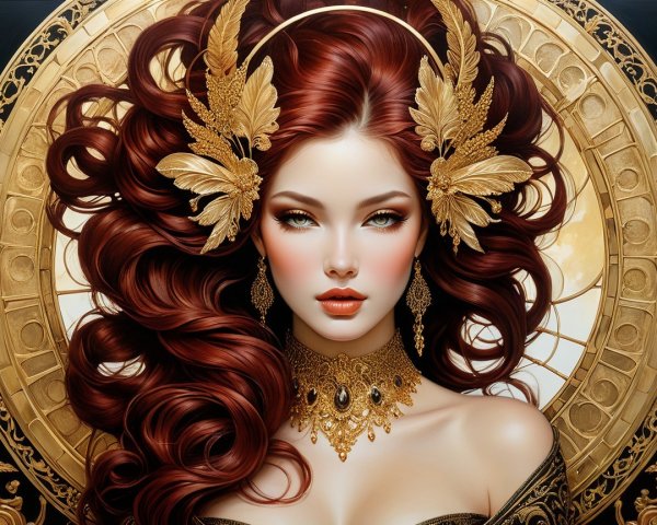 Elegant Woman with Auburn Hair and Golden Accents