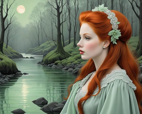 Young Woman with Red Hair in Tranquil Landscape