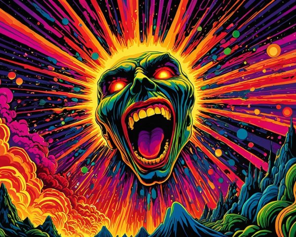 Psychedelic Landscape with Colossal Screaming Skull