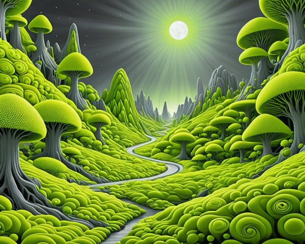 Surreal Landscape with Vibrant Hills and Moonlight