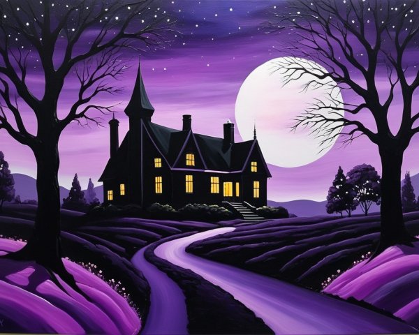 Mystical Landscape with Dark House and Purple Sky