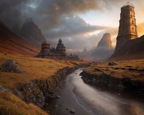 Dramatic Landscape with Mountains and Ancient Structures