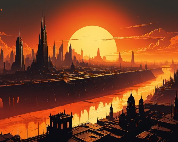 Futuristic cityscape illuminated by a vibrant sunset