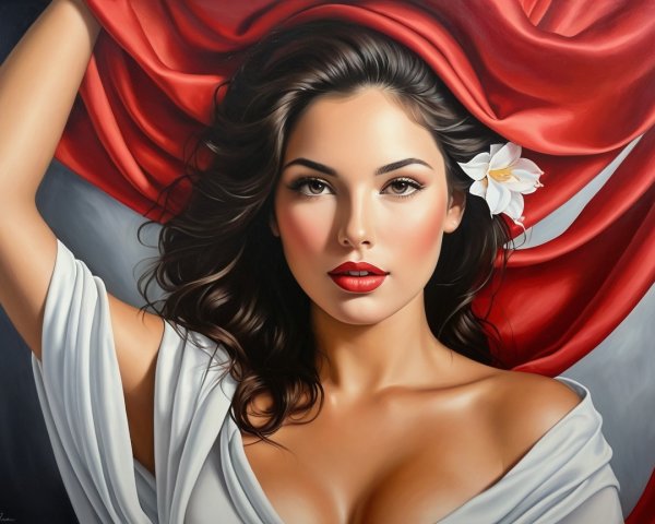 Portrait of a woman with dark hair and red fabric