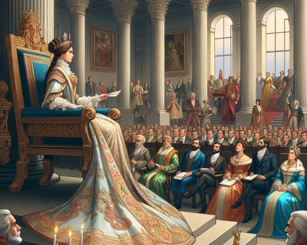 Regal Woman in Opulent Throne Room with Nobles