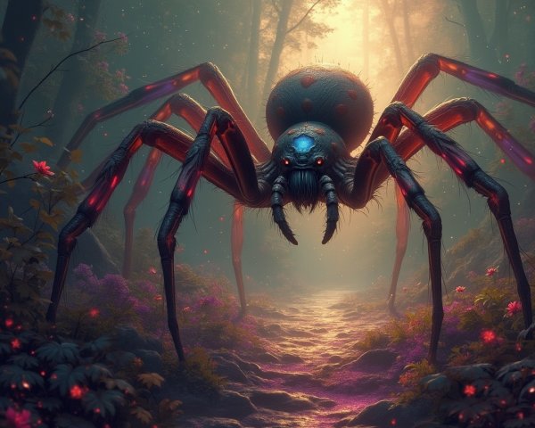 Giant Spider in Misty Forest with Ethereal Light