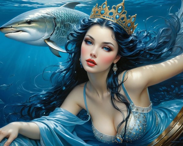 Underwater Scene with Mermaid and Marine Life