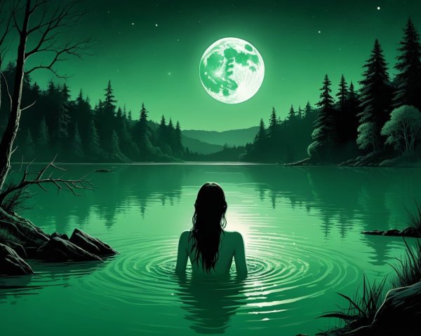 Moonlit Scene of Woman Wading in Green Lake