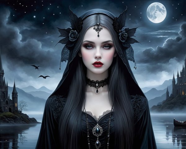 Gothic Figure in Mystical Landscape with Castles