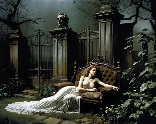 Woman in White Gown in Eerie Garden Setting