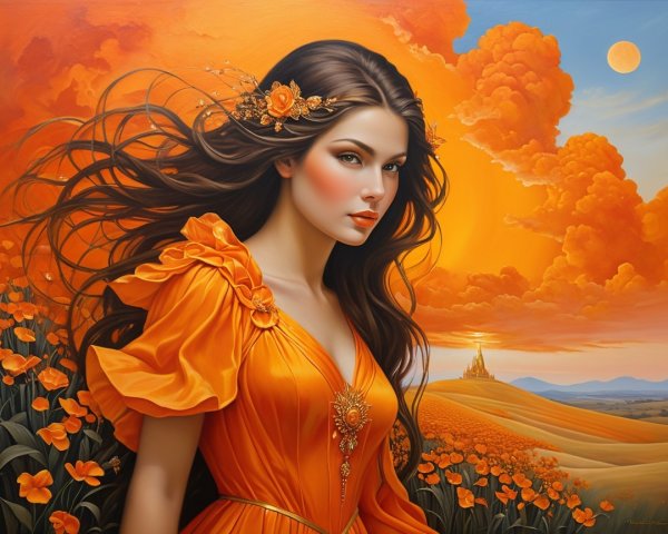 Vibrant Sunset with Woman in Orange Dress and Poppies