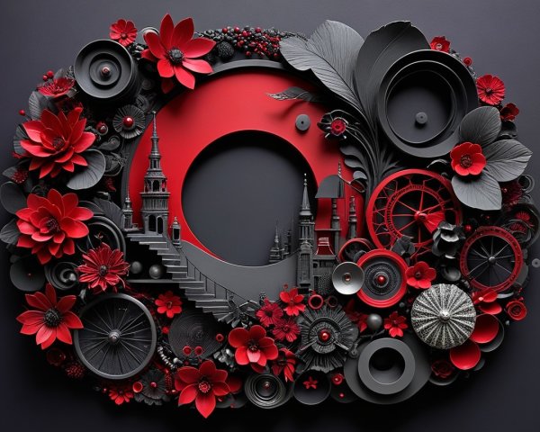 Mixed Media Artwork with Red and Black Elements