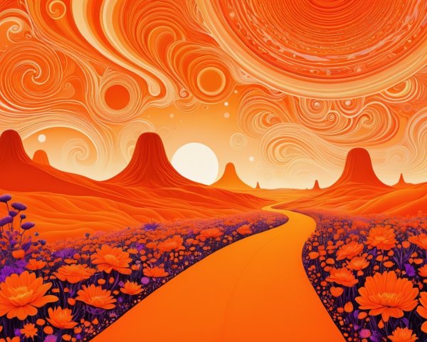 Surreal Orange Landscape with Rolling Hills and Peaks