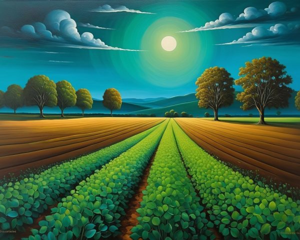 Vibrant Landscape Painting with Lush Green Fields