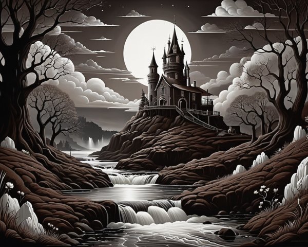 Mystical Landscape with Castle and Serene Stream