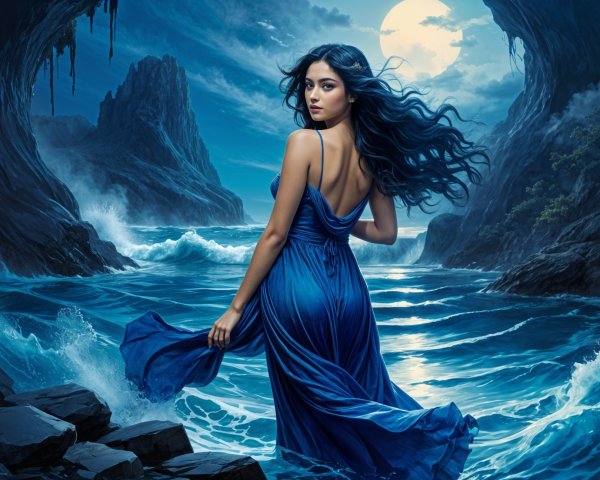 Young woman in blue dress at rocky shore by moonlight