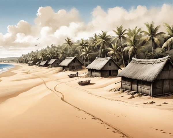 Serene Beach Scene with Thatched Huts and Palm Trees