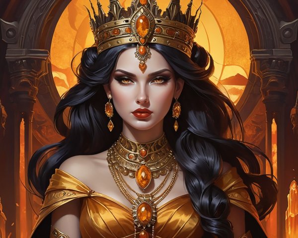 Regal Woman in Golden Attire with Jeweled Crown