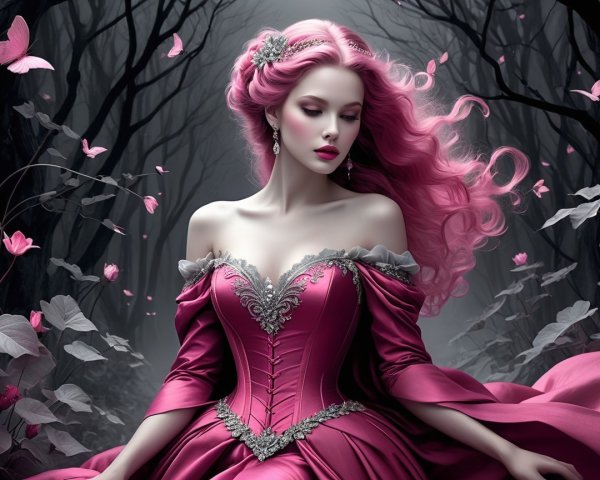 Young woman in pink gown in enchanting forest setting