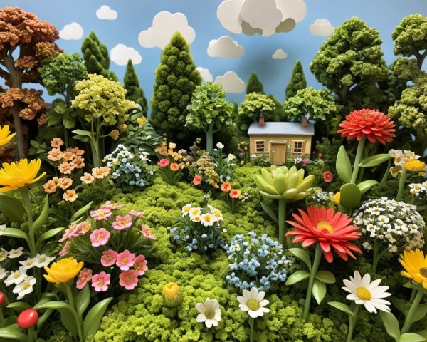 Vibrant Miniature Landscape with Colorful Flowers and House