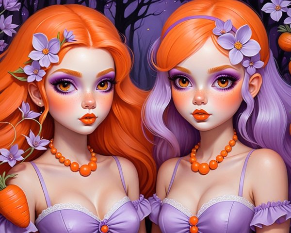 Girls with Orange and Purple Hair in Whimsical Setting