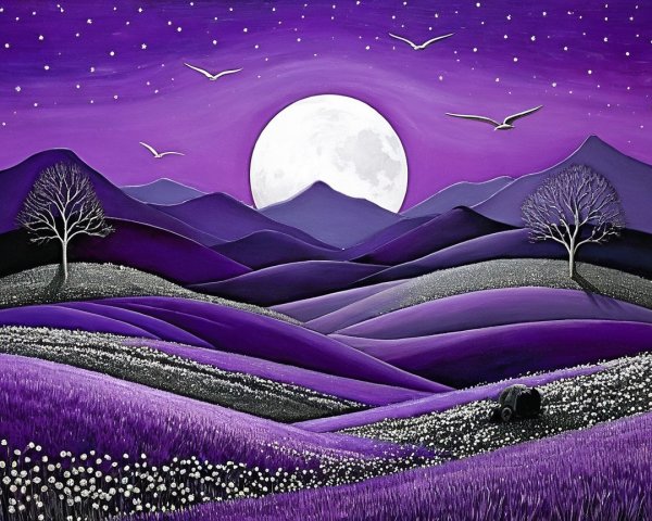 Serene Landscape with Purple Hills and Starry Sky