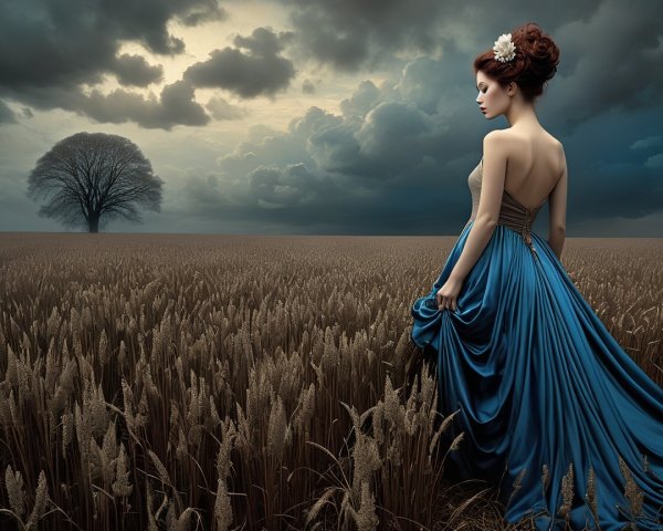 Woman in Blue Gown in Wheat Field Under Dark Sky