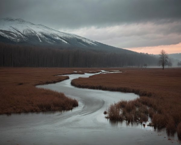 Serene landscape with river, marsh, and mountains