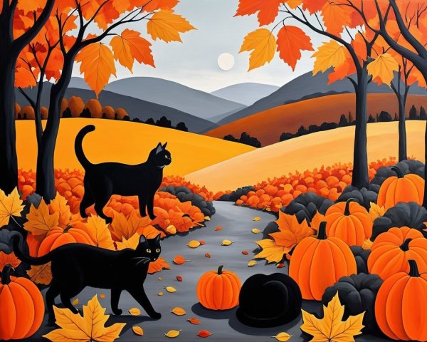 Autumn Landscape with Cats and Vibrant Foliage