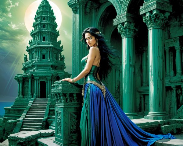 Mystical figure in ancient temple with dramatic sky