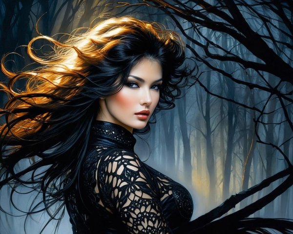 Mystical Woman in Enchanted Forest with Fog
