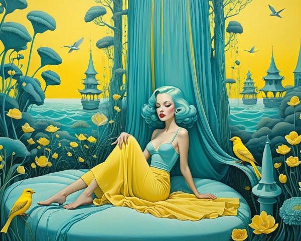 Whimsical Scene of a Woman with Aquamarine Hair